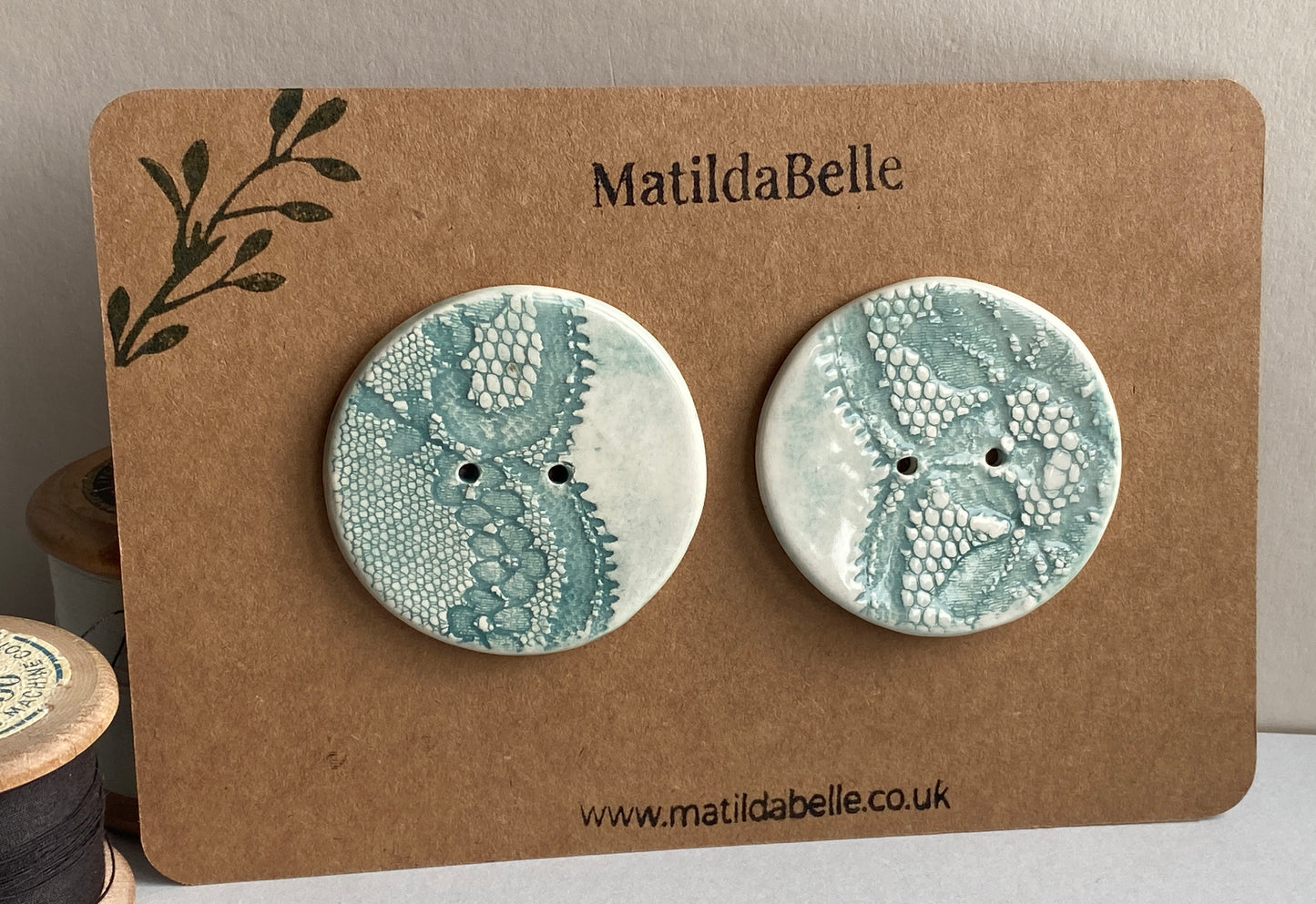 Handmade set of 2 Ceramic large Buttons Vintage Lace design