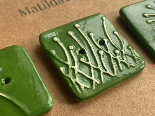 35mm Set of 3 Square Botanical Clay Buttons Forest Green- 35mm -