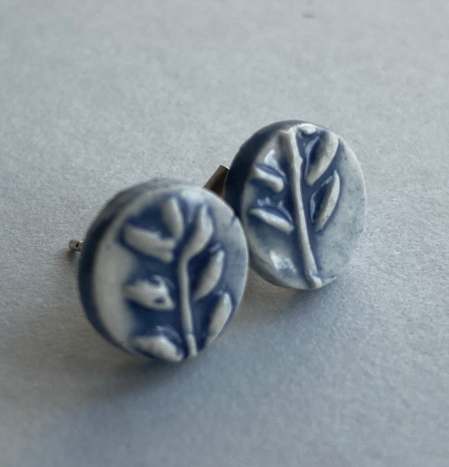 Handmade Ceramic Blue Botanical Earrings - Sterling Silver Posts