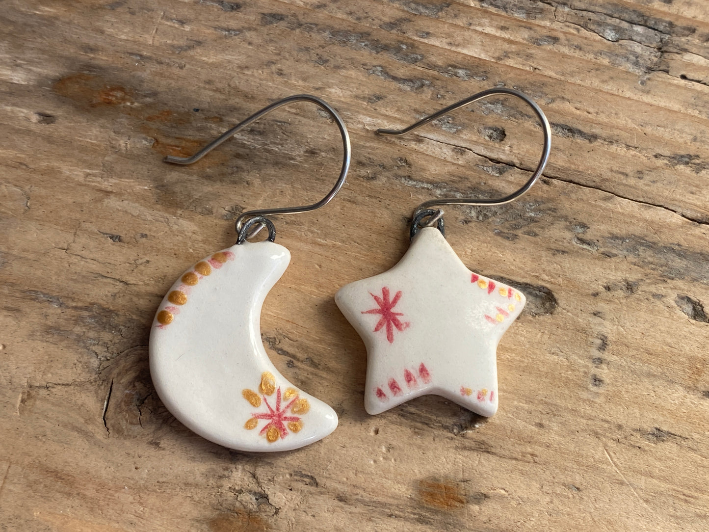 Folk Art Star &  Moon Handmade Dangly Earrings with Sterling Silver