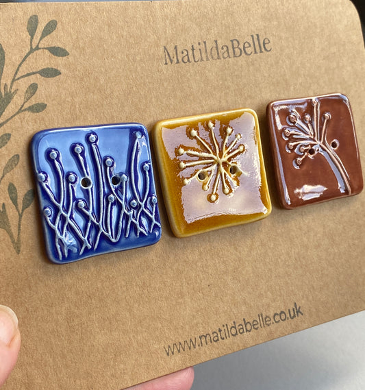 35mm Set of 3 Square Botanical Clay Buttons mixed colours- 35mm -