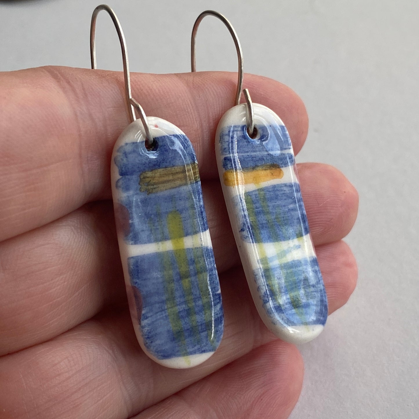 Ceramic painterly Dangle Earrings - Blues - Hung on handmade silver wires