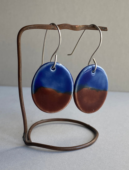 Ceramic Oval Dangle Earrings - Navy Blue and Chocolate