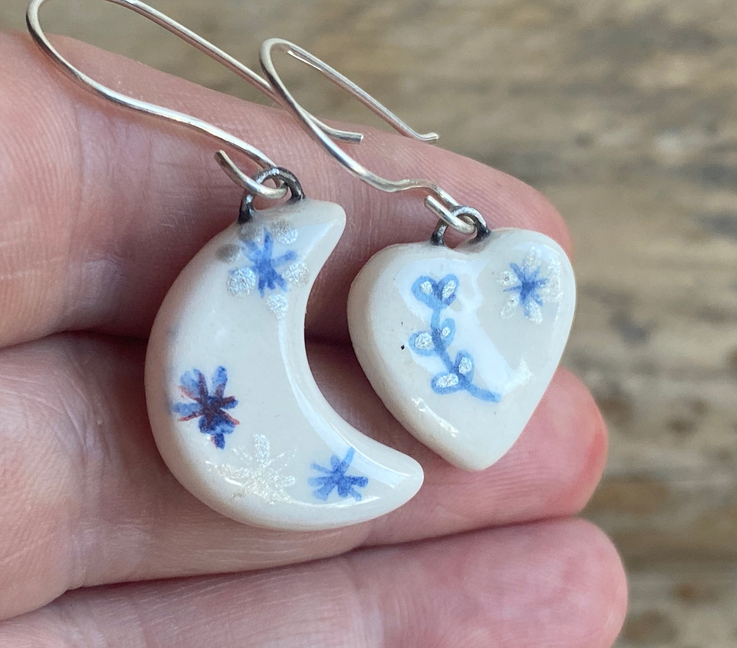 Folk Art Heart &  Moon Handmade Dangly Earrings with Sterling Silver