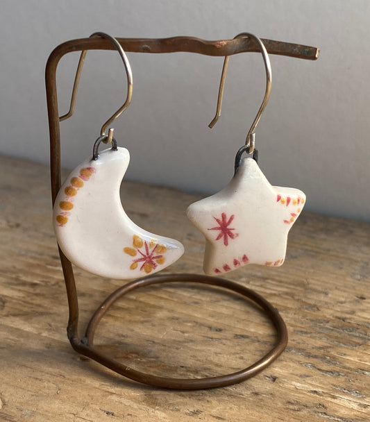 Folk Art Star &  Moon Handmade Dangly Earrings with Sterling Silver