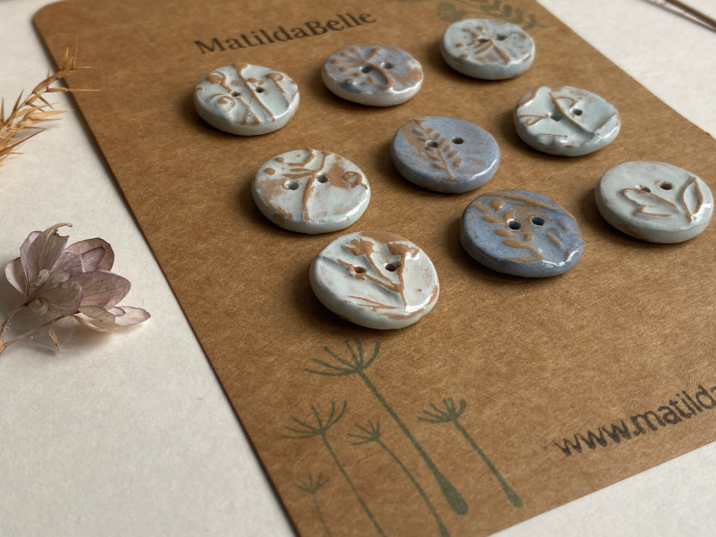 Ceramic Handmade buttons set of nine pastel botanical 20mm