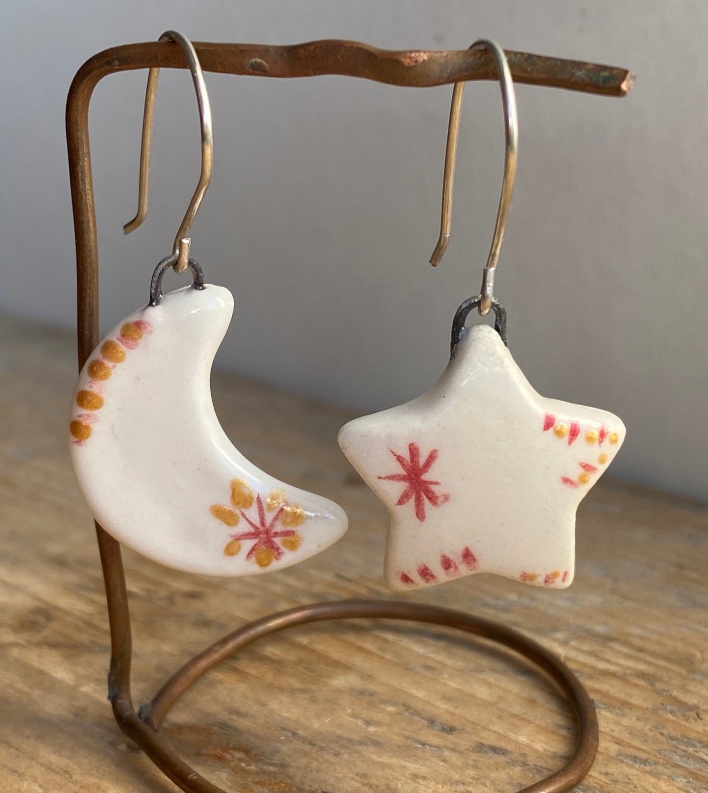Folk Art Star &  Moon Handmade Dangly Earrings with Sterling Silver