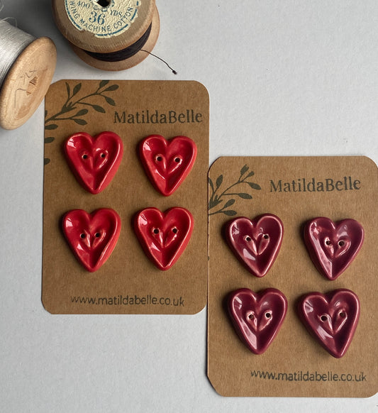 26mm Set of 4 Extra Large Heart Buttons 26mm- Red or Wine Glaze