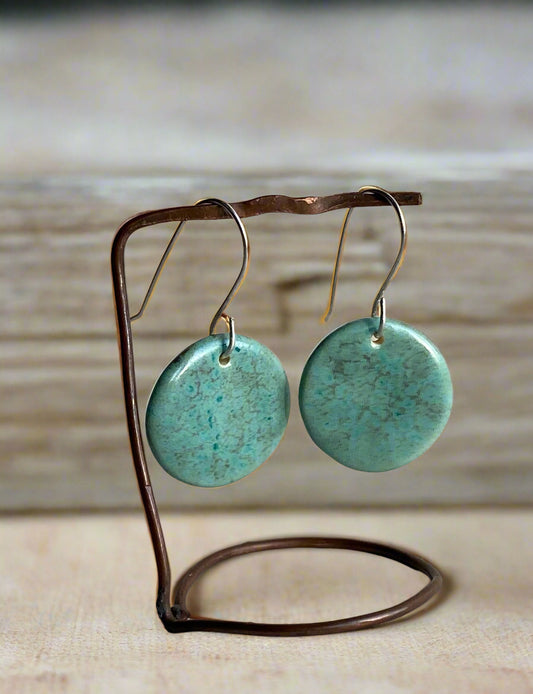 Ceramic rounds  Dangle Earrings - Green gold glaze
