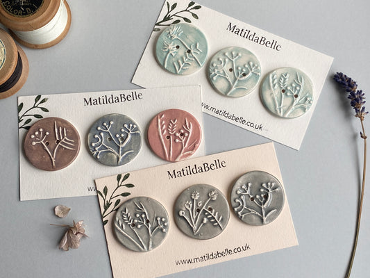 Buttons Handmade Ceramic Botamnical set of 3 Buttons