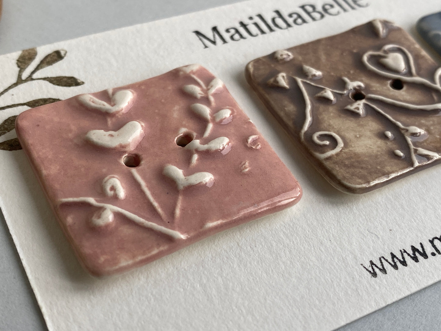 Handmade set of 3 Ceramic square Buttons Whimsical design