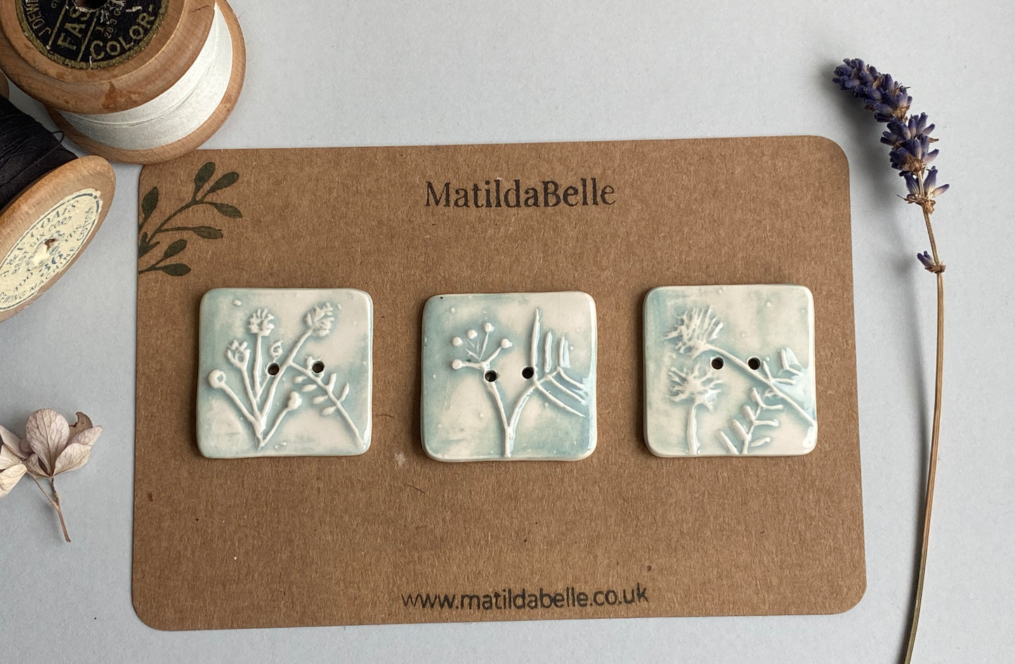 Buttons Set of 3 Botanical Square Handmade Ceramic Buttons