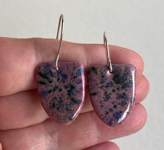 Ceramic Contemporary Dangle Earrings - Purple Blast Glaze - Handmade Recycled Silver Wires