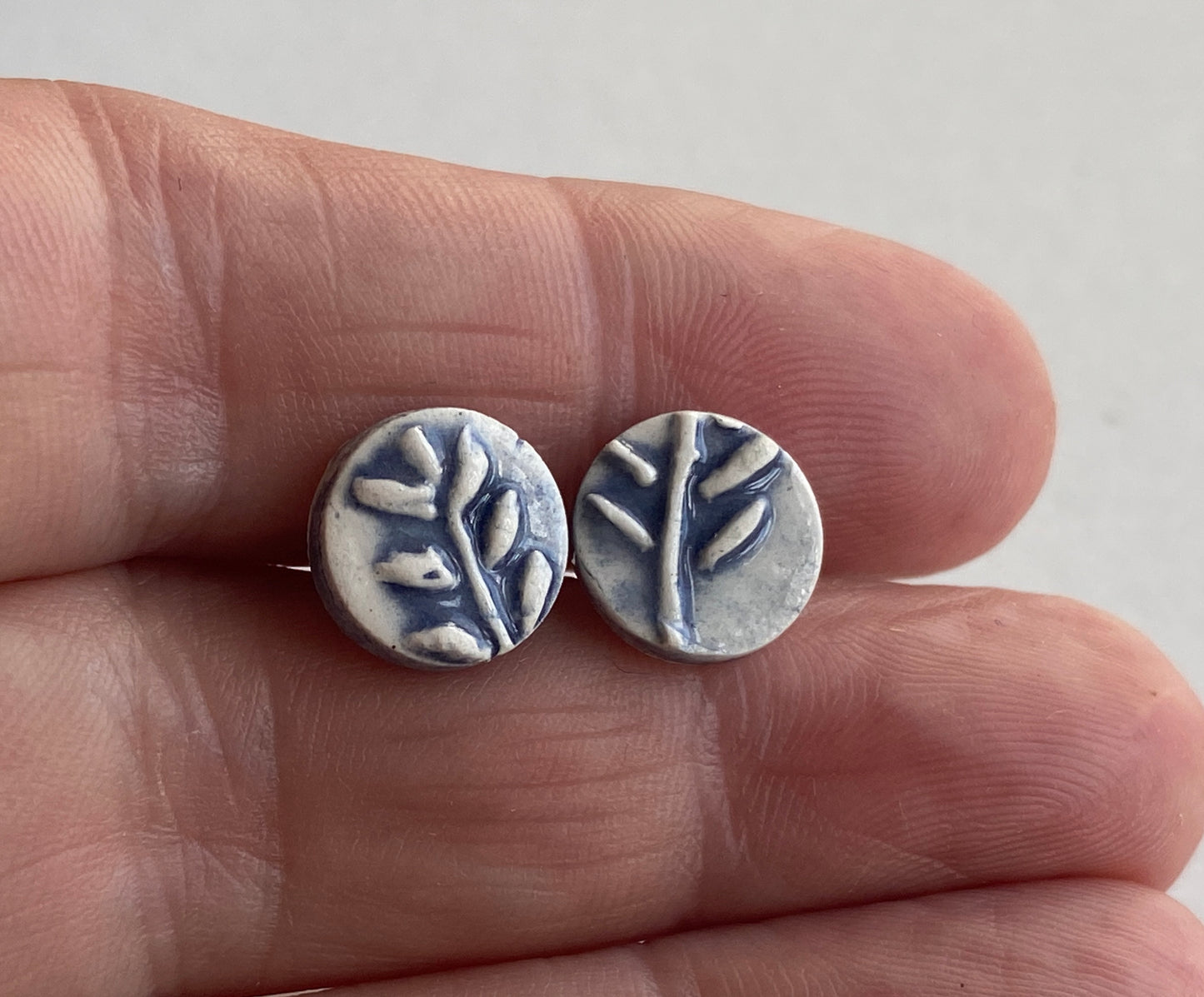 Handmade Ceramic Blue Botanical Earrings - Sterling Silver Posts