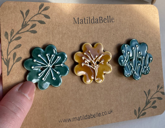 37mm Buttons set of 3 Large Botanical Flower Handmade Ceramic Buttons