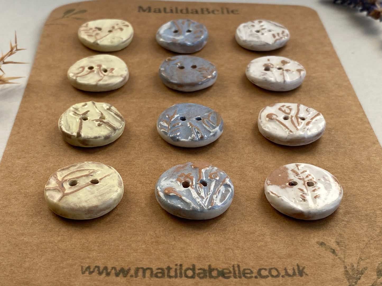20mm Ceramic Handmade buttons set of Twelve pastel botanical