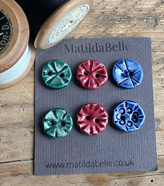 17mm Set of six round handmade Ceramic buttons 17mm , vintage inspired
