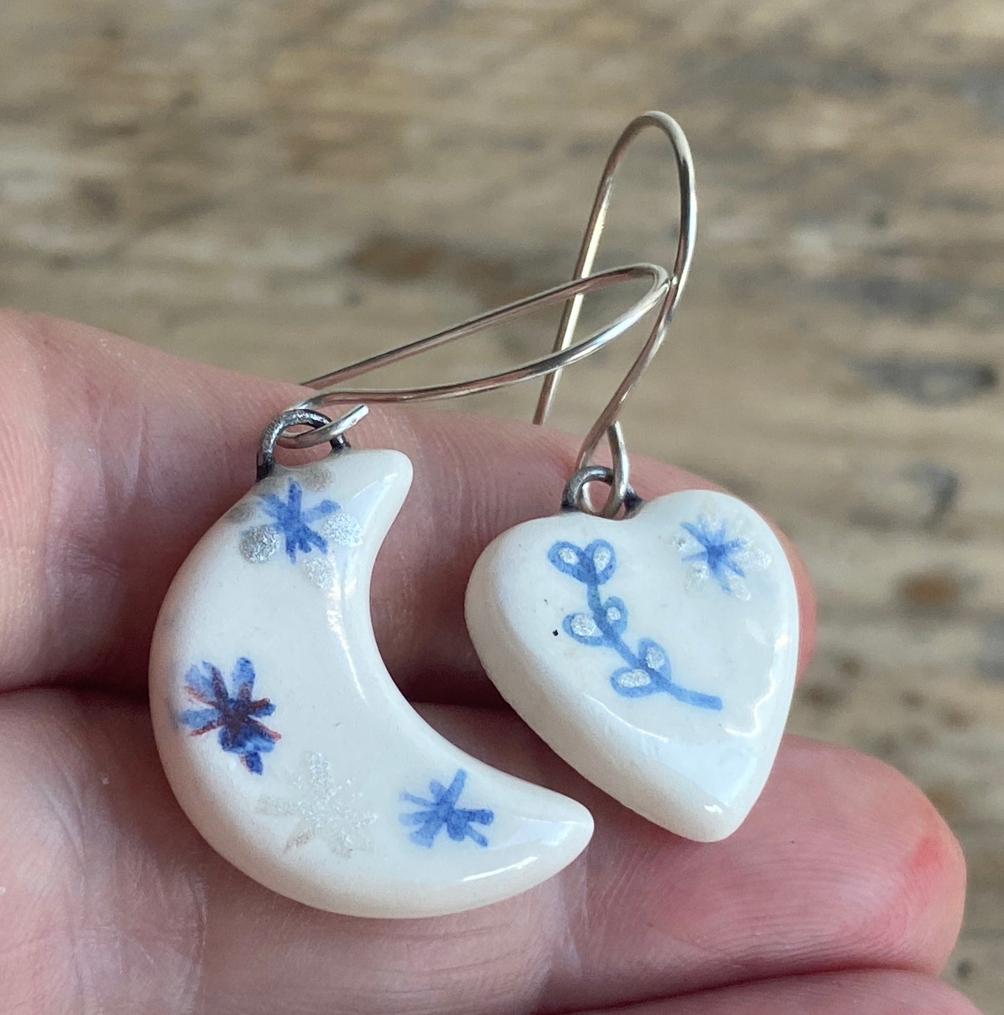 Folk Art Heart &  Moon Handmade Dangly Earrings with Sterling Silver