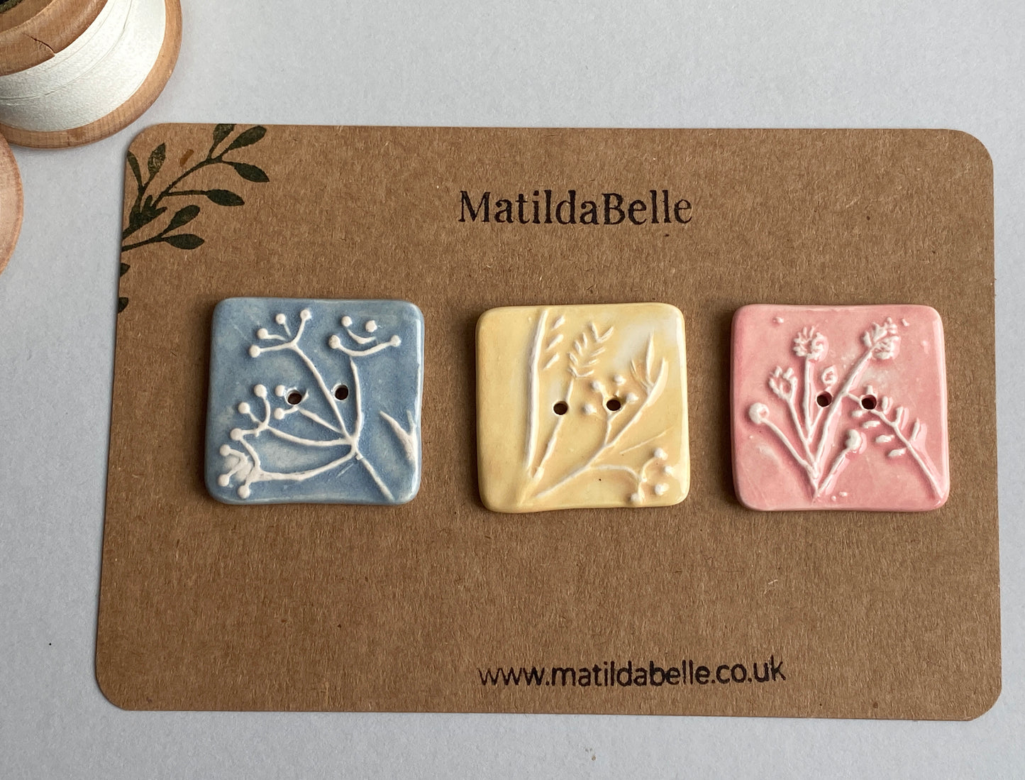 Buttons Set of 3 Botanical Square Handmade Ceramic Buttons