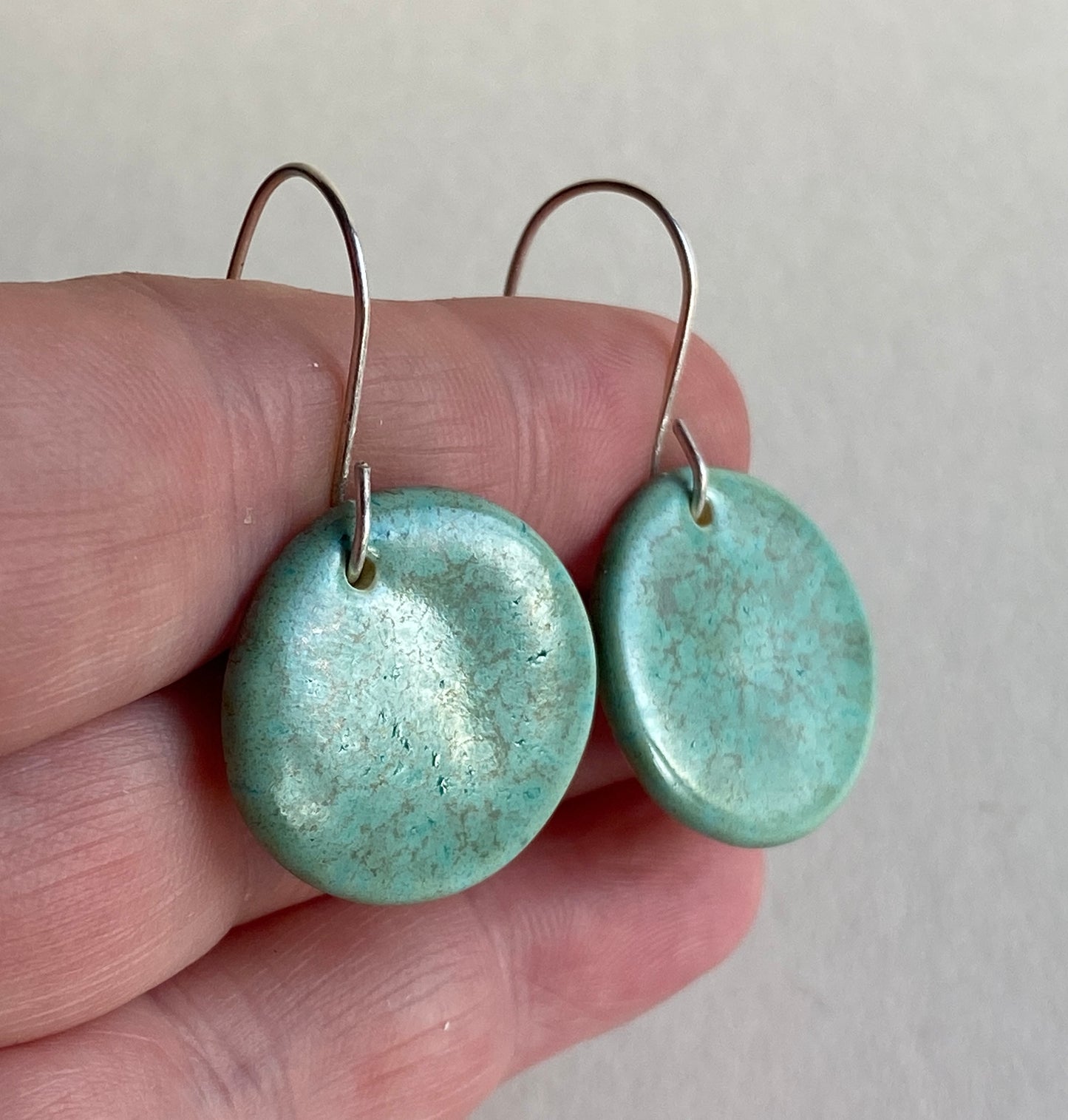 Ceramic rounds  Dangle Earrings - Green gold glaze