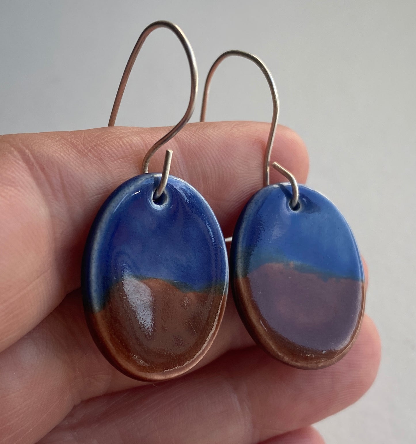 Ceramic Oval Dangle Earrings - Navy Blue and Chocolate