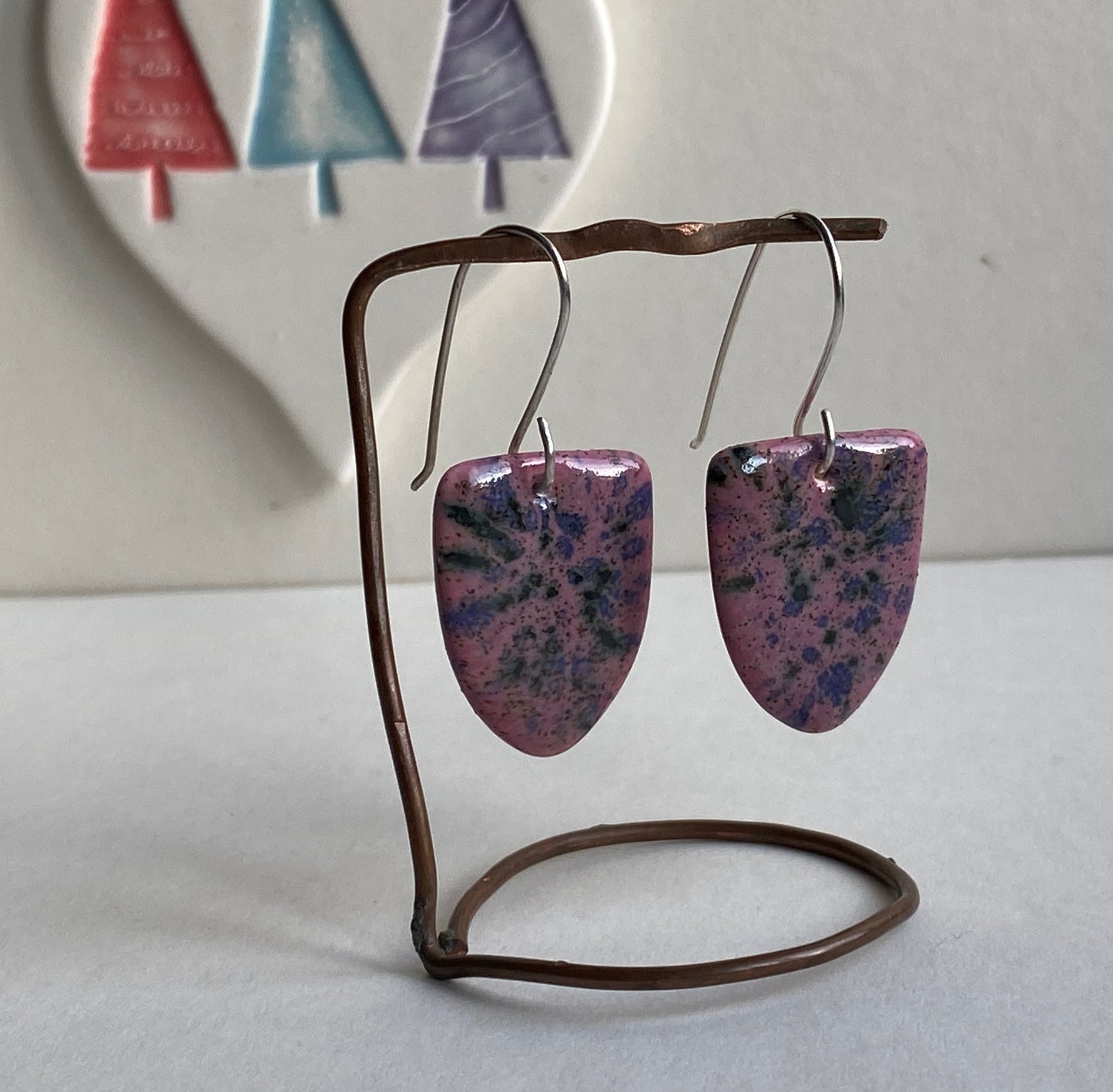 Ceramic Contemporary Dangle Earrings - Purple Blast Glaze - Handmade Recycled Silver Wires