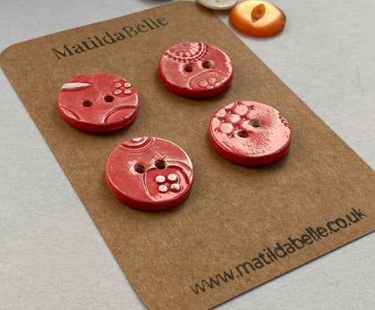 Handmade 22mm ceramic Buttons set of 4, Red