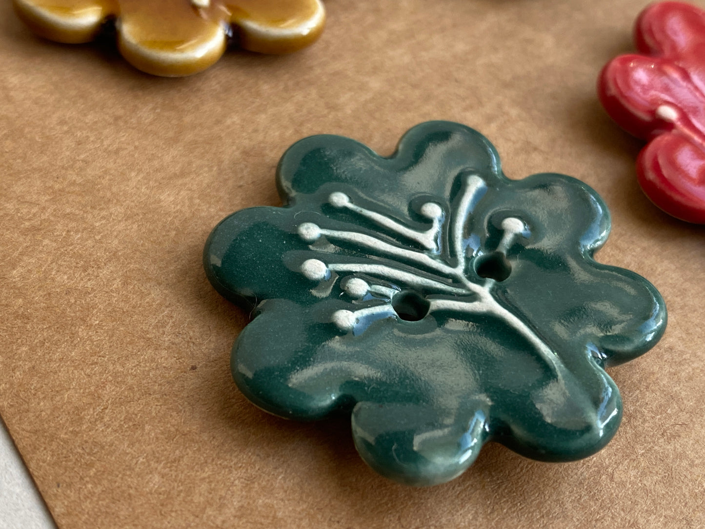 37mm Buttons set of 4 Large Botanical Flower Handmade Ceramic Buttons