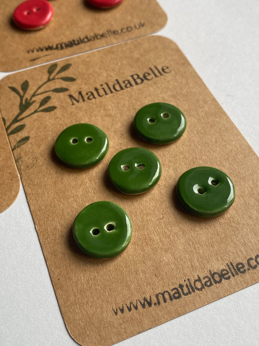 Buttons set of Five Forest Green 18mm round Handmade Ceramic Buttons