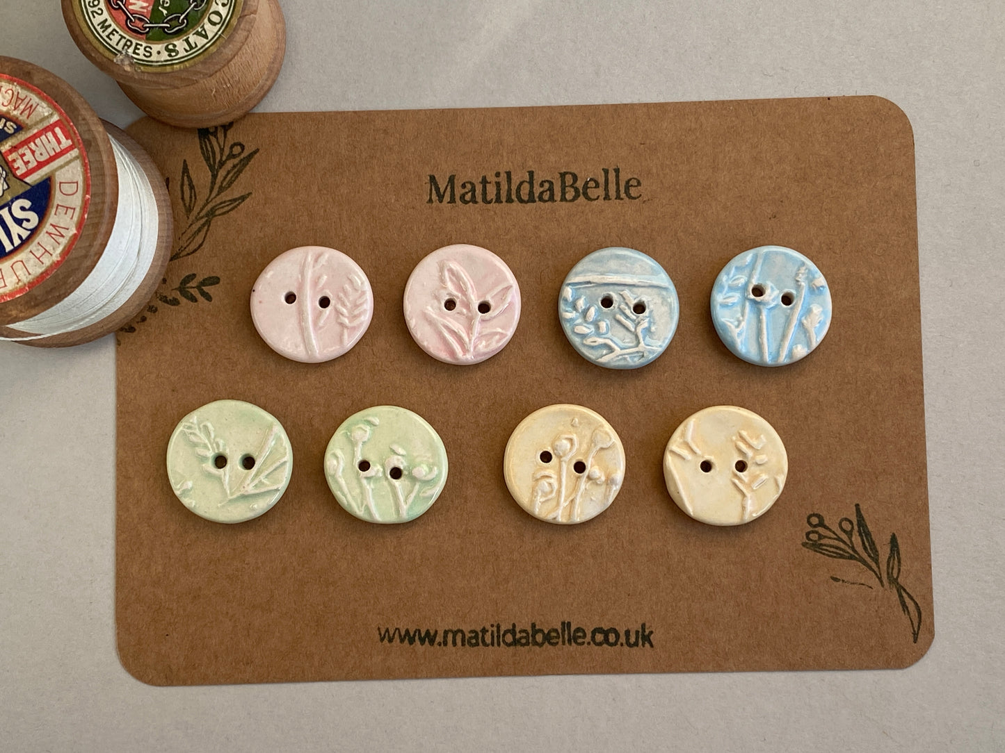 Ceramic 22mm Handmade buttons set of Eight pastel botanical