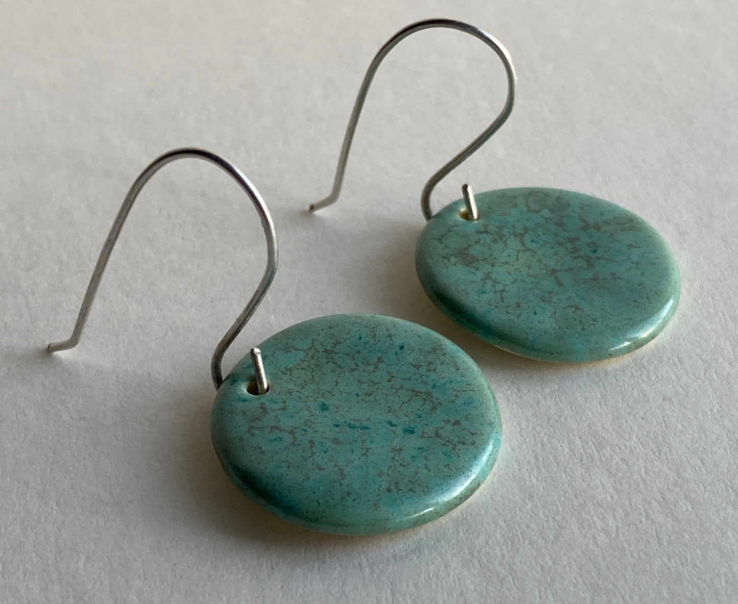 Ceramic rounds  Dangle Earrings - Green gold glaze