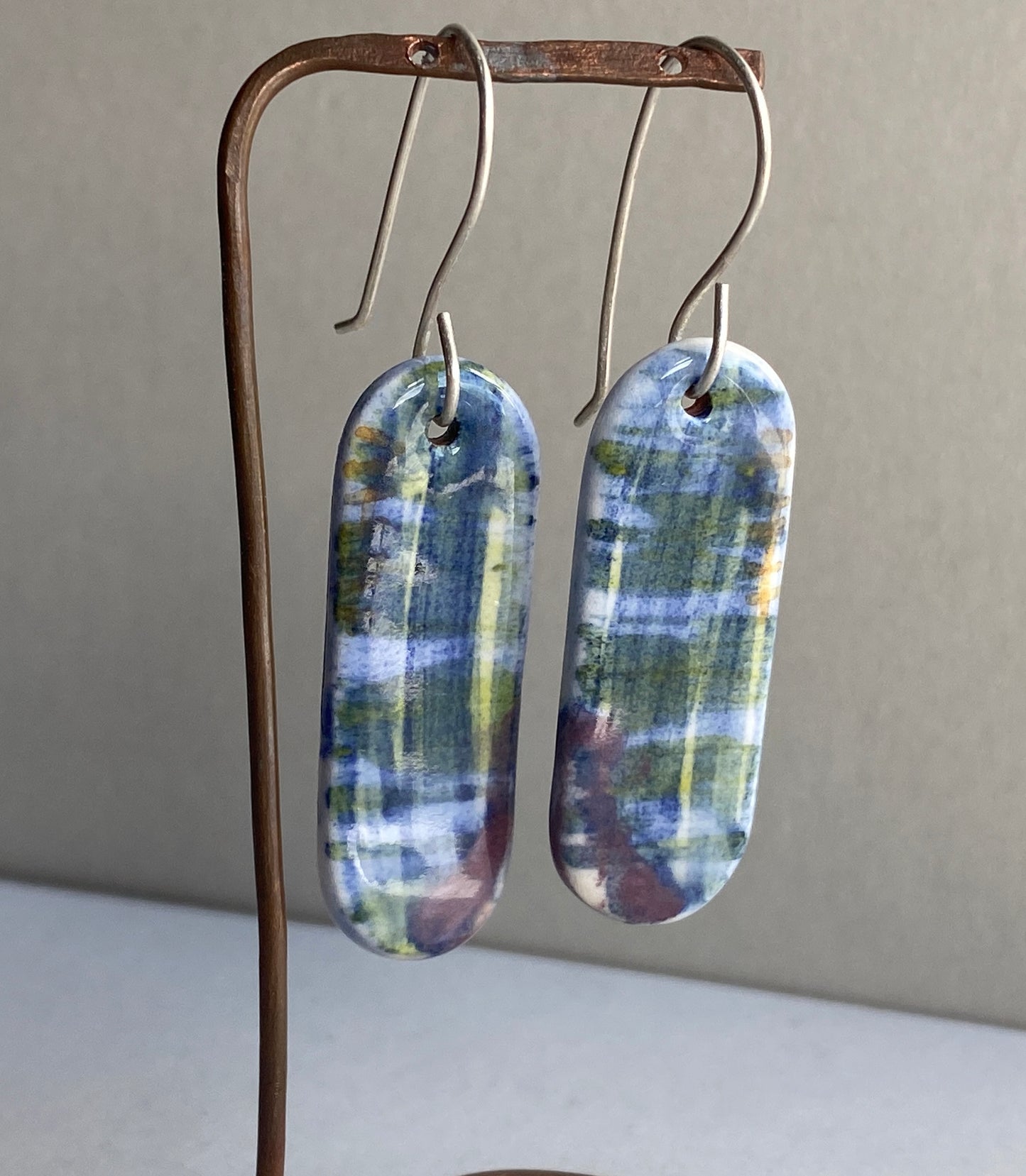 Ceramic painterly Dangle Earrings - Blues - Hung on handmade silver wires