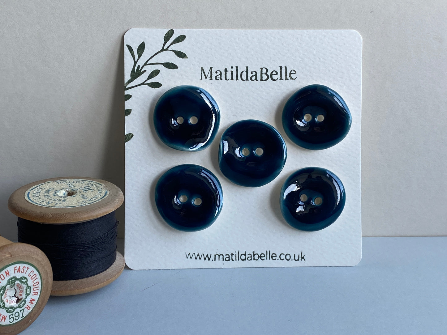 Handmade Ceramic Buttons 25mm rich Glossy Petrol Blue