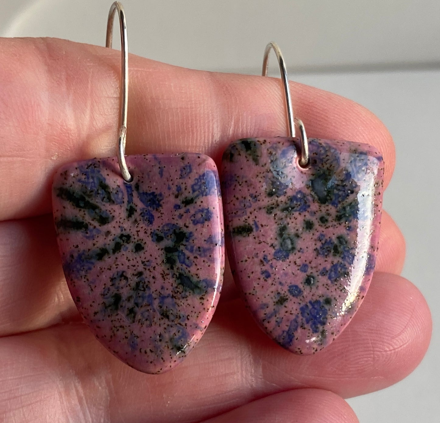 Ceramic Contemporary Dangle Earrings - Purple Blast Glaze - Handmade Recycled Silver Wires