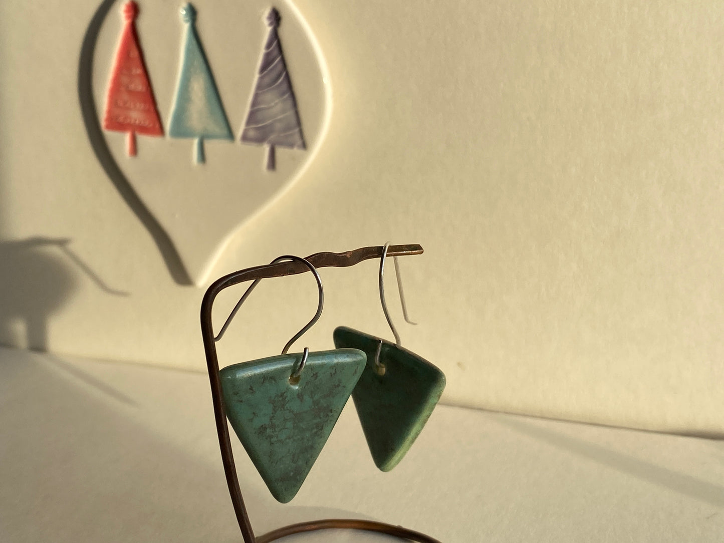 Ceramic Triangle  Dangle Earrings - Green gold glaze