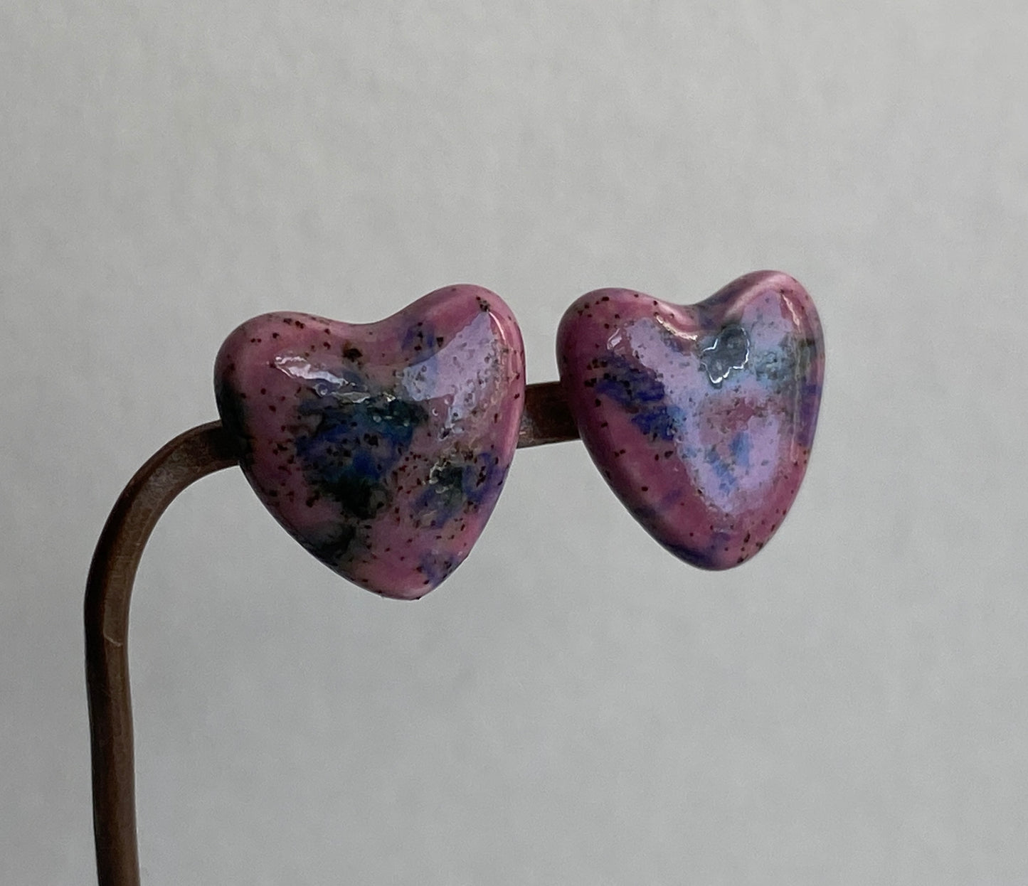 Handmade Heart Ceramic Earrings, Purple free P&P