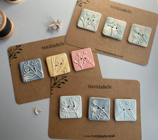 Buttons Set of 3 Botanical Square Handmade Ceramic Buttons