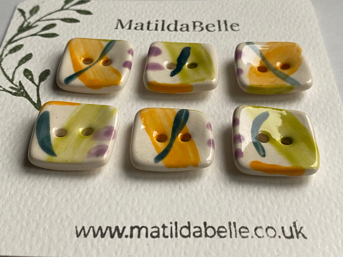 20mm set of Six square handmade Buttons lime / orange