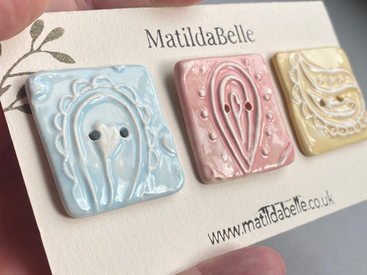 Handmade set of 3 Ceramic 35mm square Buttons Whimsical design Pretty Pastels