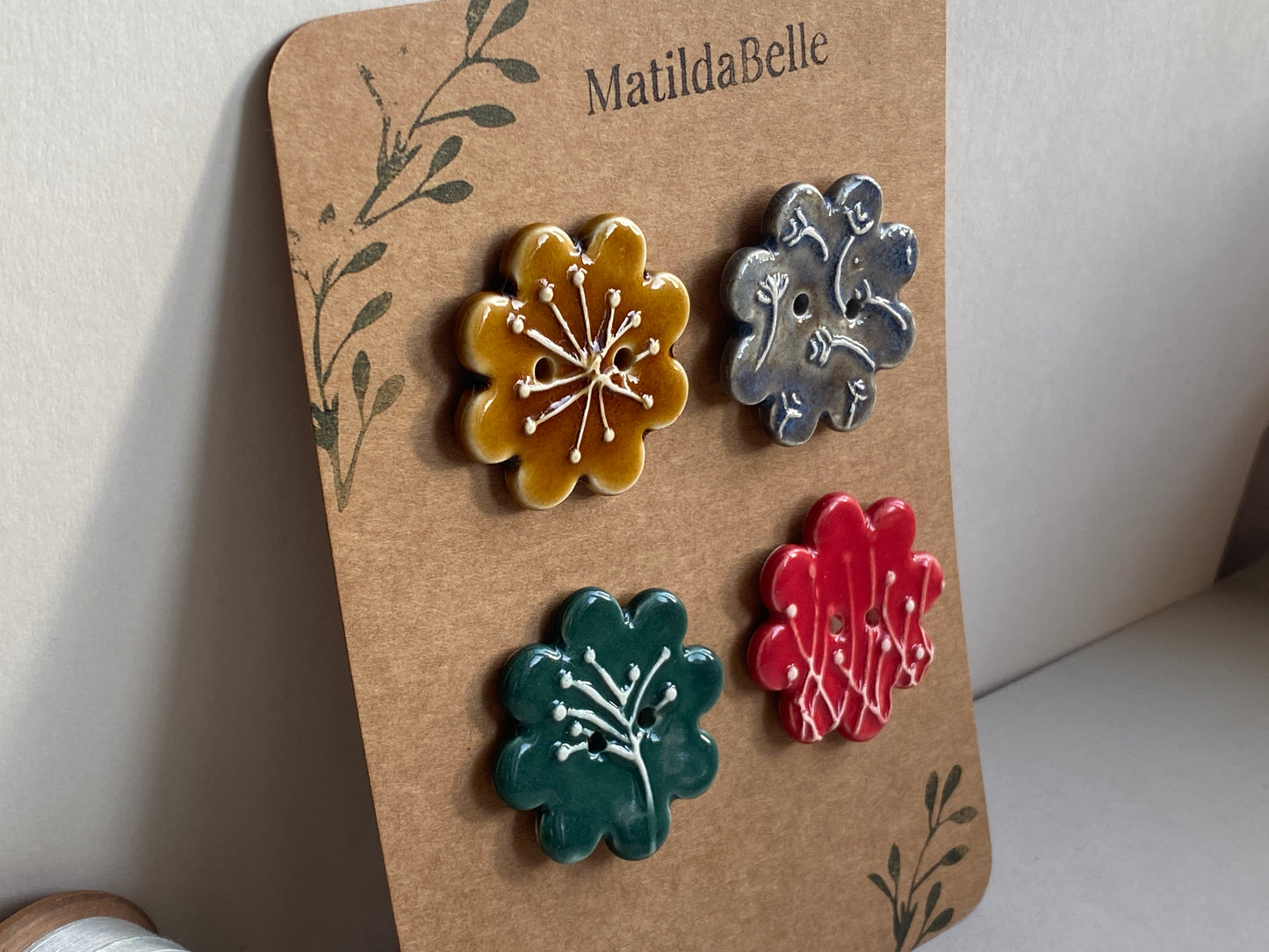 37mm Buttons set of 4 Large Botanical Flower Handmade Ceramic Buttons