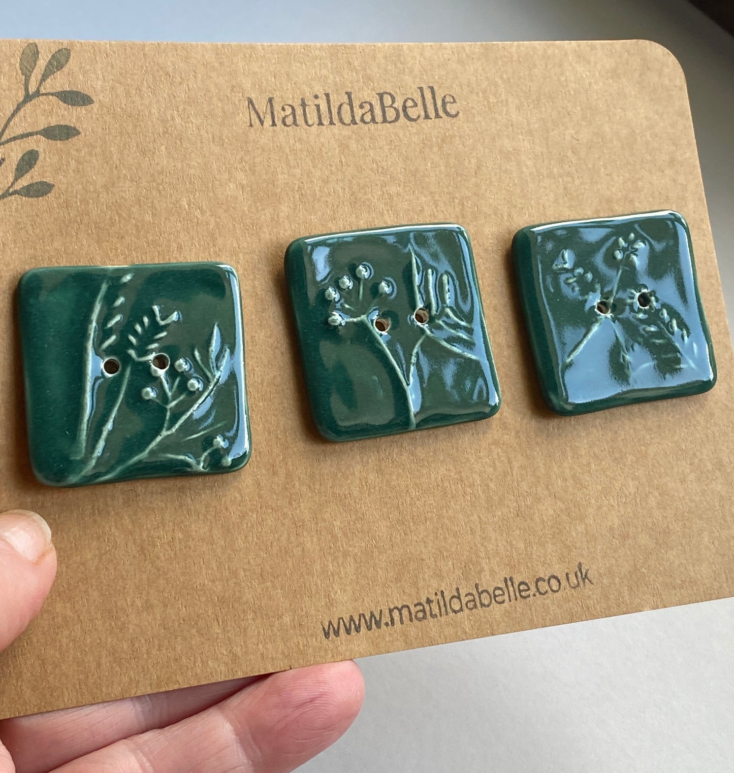 35mm Set of 3 Square Botanical Clay Buttons Green- 35mm -