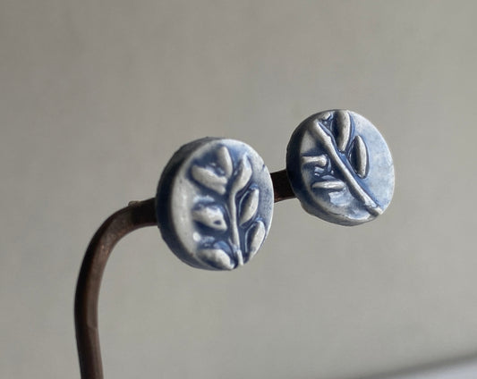 Handmade Ceramic Blue Botanical Earrings - Sterling Silver Posts