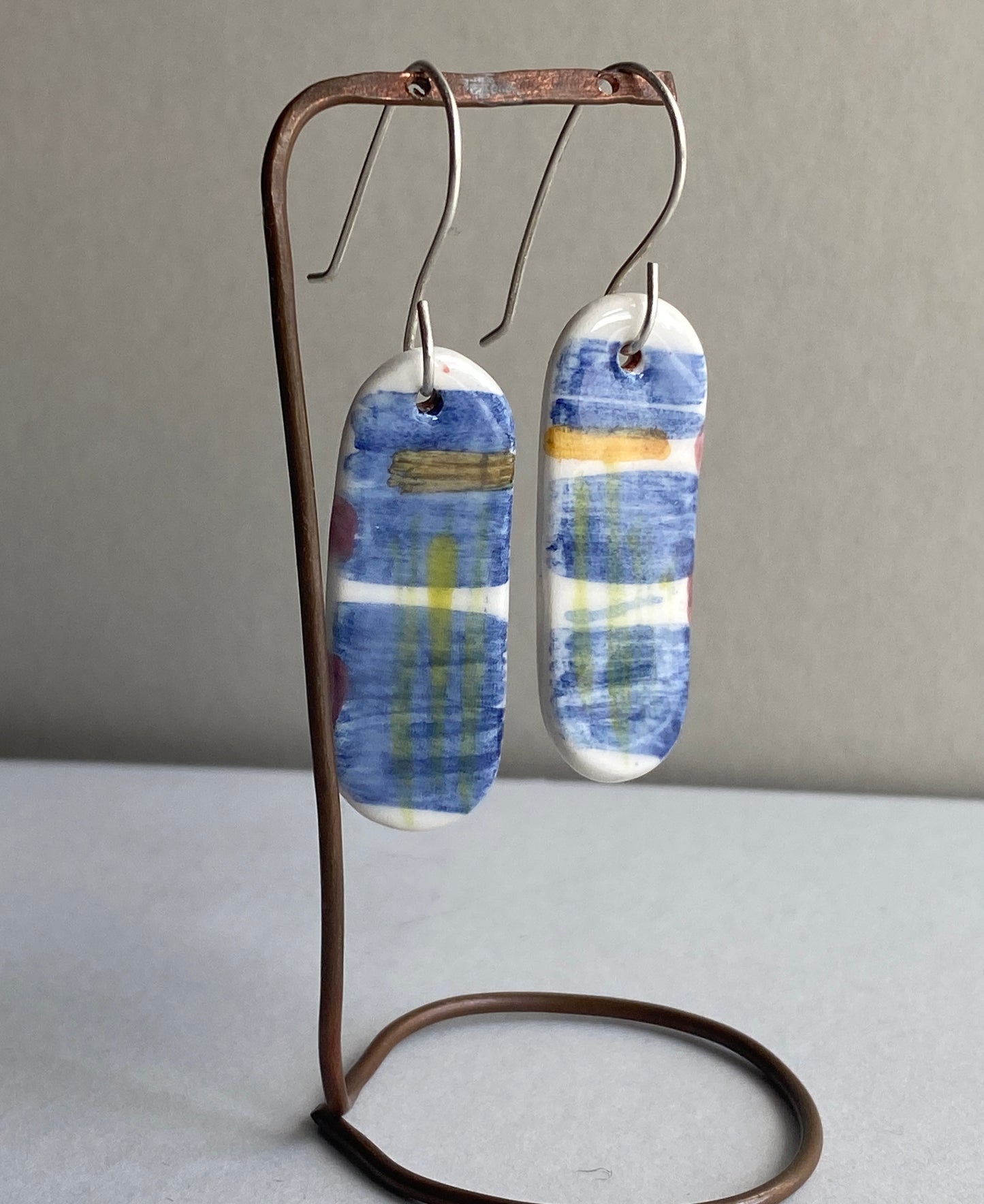 Ceramic painterly Dangle Earrings - Blues - Hung on handmade silver wires