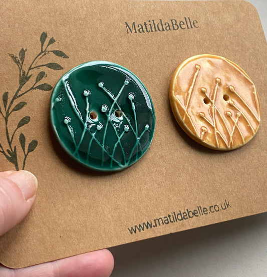 Large Pair of Botanical Handmade Buttons 46mm Green and Honey