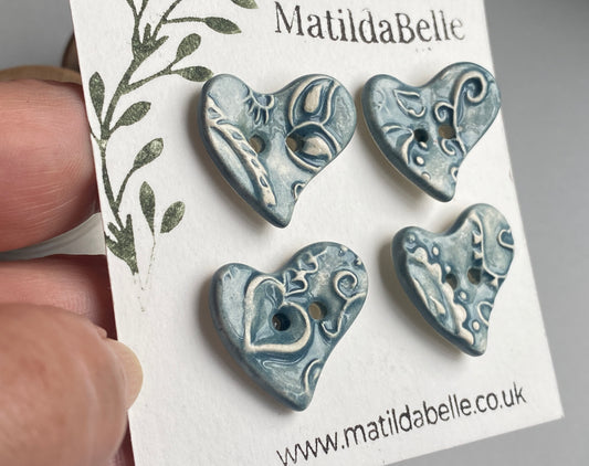 Set of Four Handmade Ceramic Heart Buttons