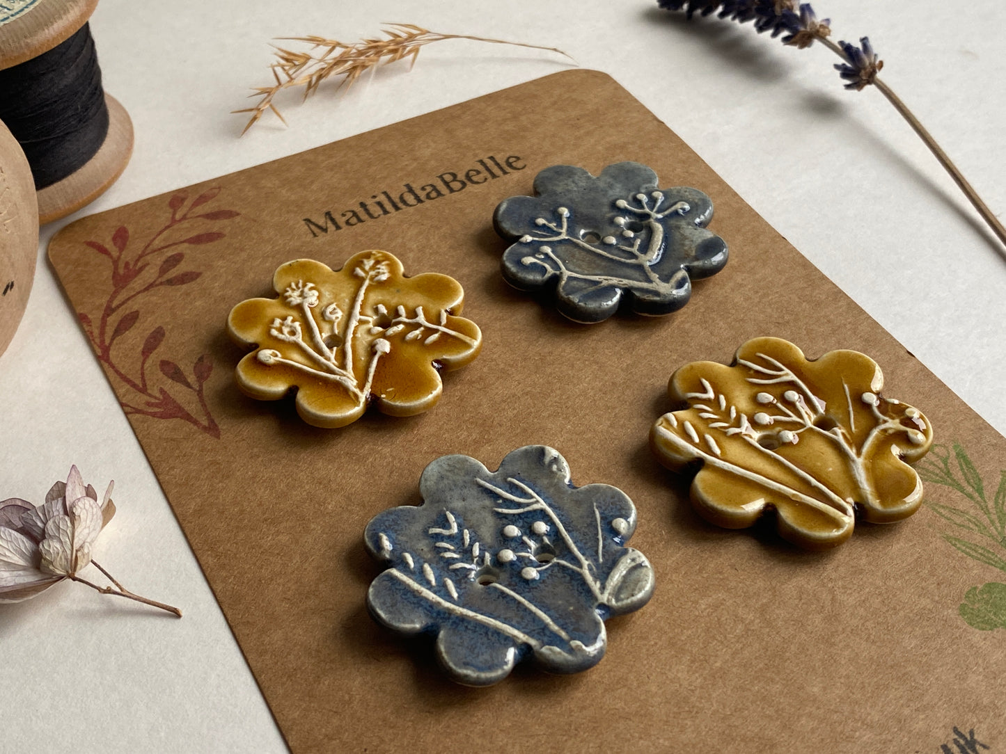 Buttons set of 4 Large Botanical Flower Handmade Ceramic Buttons