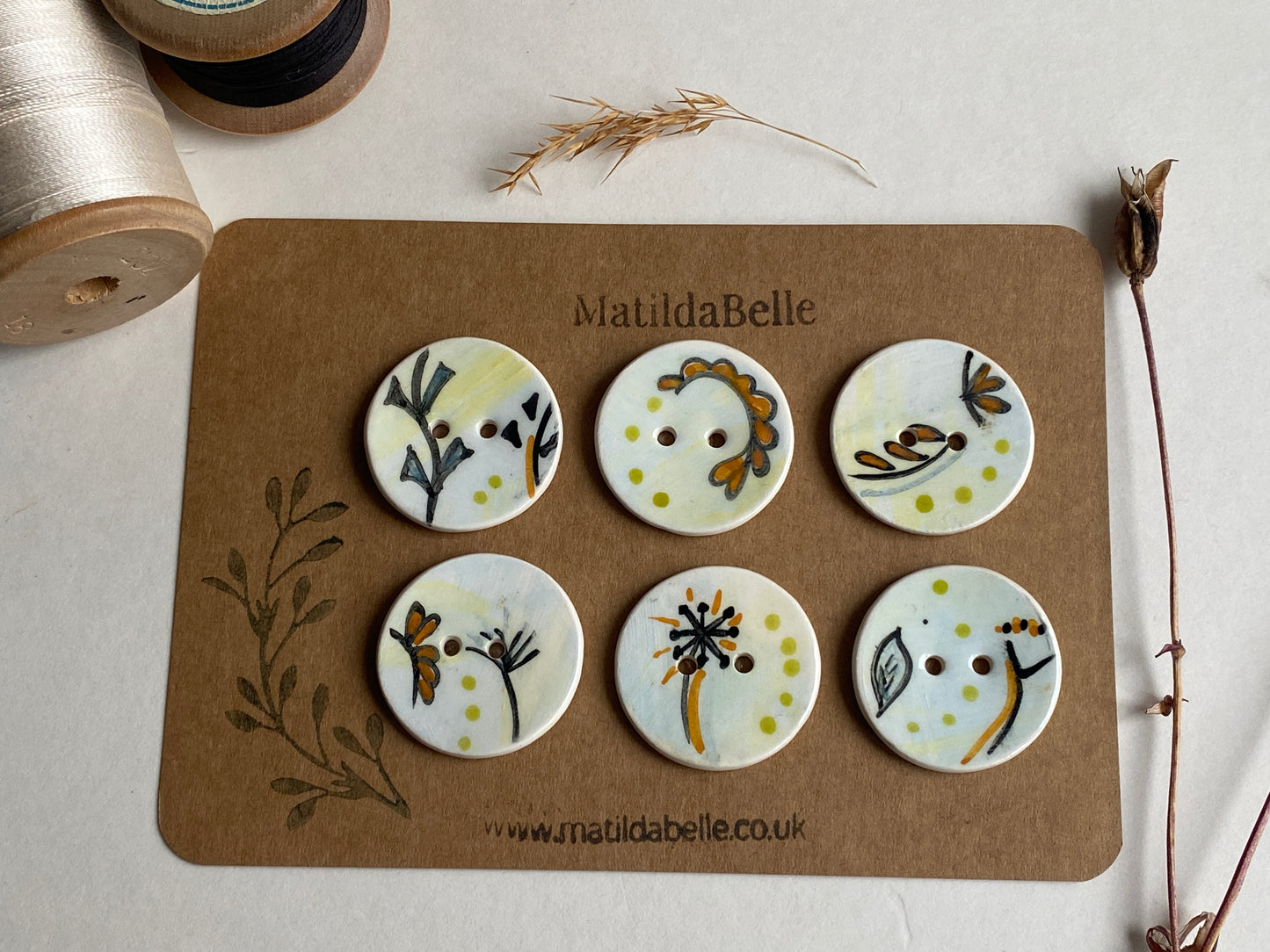 Set of 6, 32mm Whimsical painted round buttons