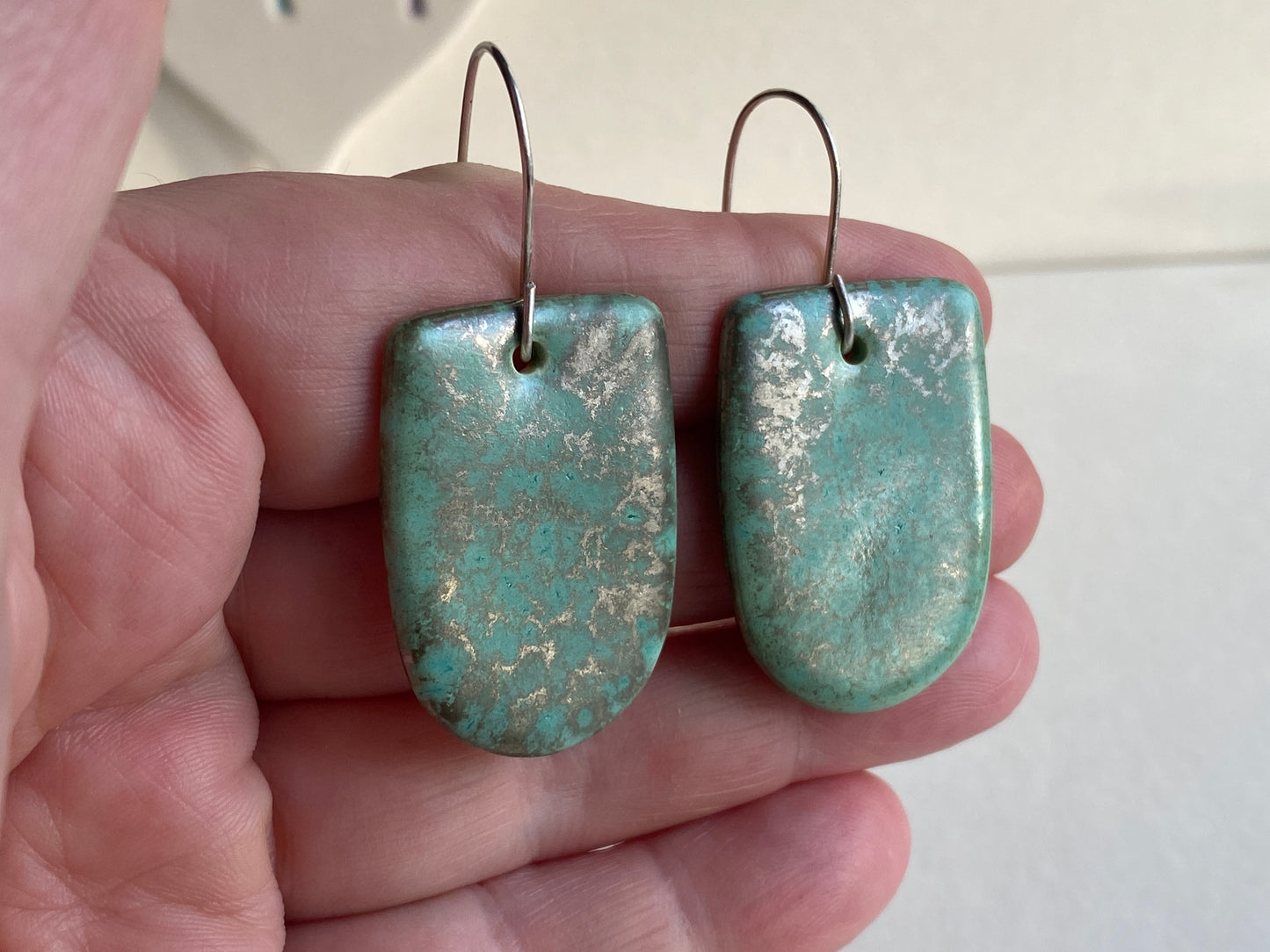 Ceramic Contemporary Large Dangle Earrings - Green gold glaze
