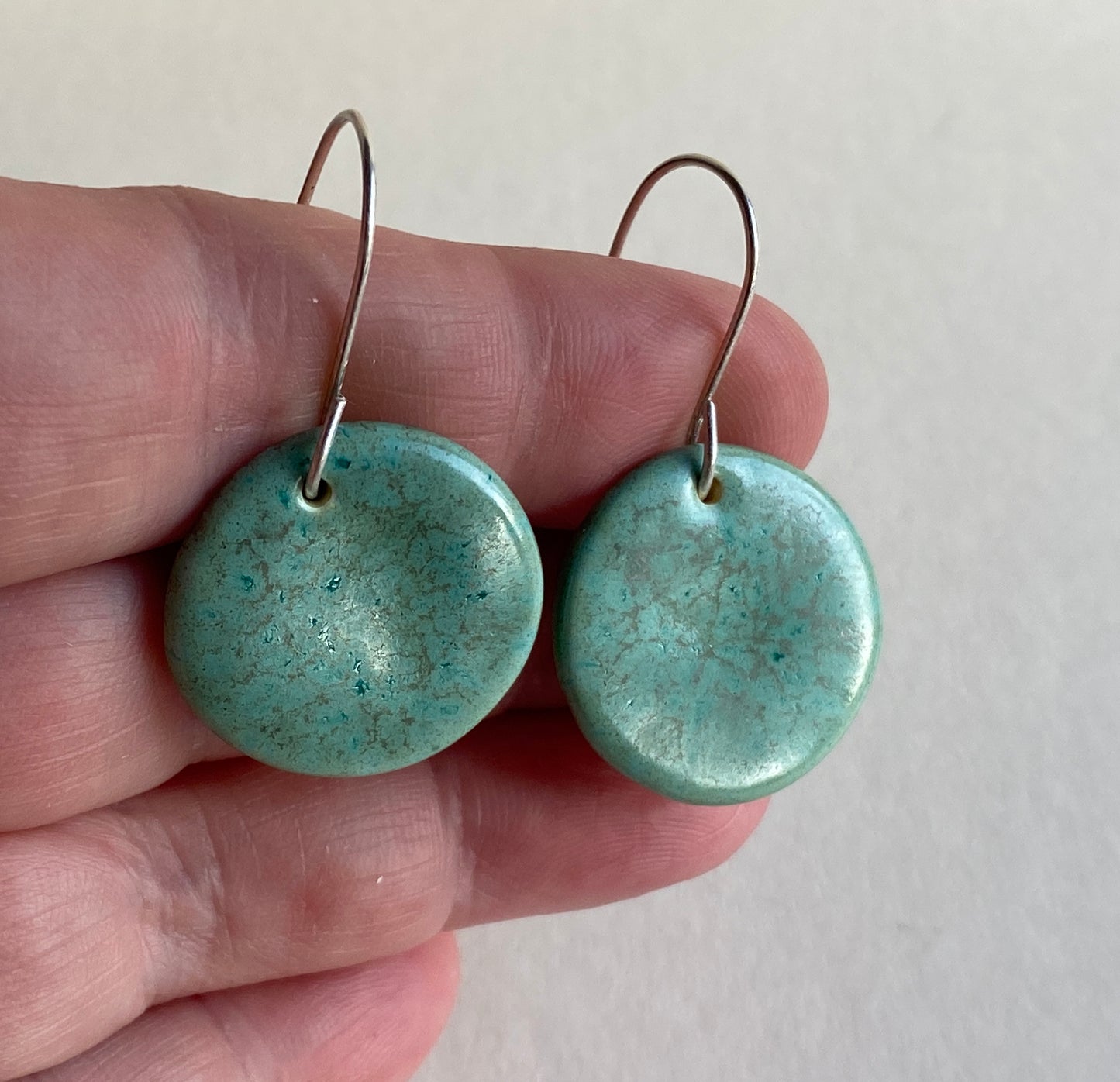 Ceramic rounds  Dangle Earrings - Green gold glaze