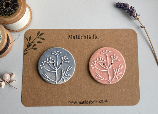 Handmade set of 2 Ceramic large Buttons Botanical design